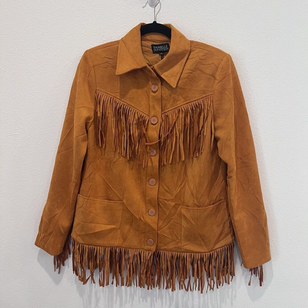 Danielle Bernstein Womens Jacket Faux Suede Fringe Button Down Western Coat Sz S - Picture 2 of 11